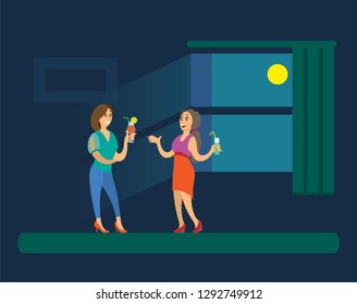 Girls holding cocktails, women in evening dress standing near big window with dark view and glowing moon. Ladies speaking and drinking alcohol vector