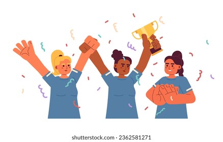 Girls holding golden cup flat concept vector spot illustration. Celebrating. Female teammates on party. Winning 2D cartoon characters on white for web UI design. Isolated editable creative hero image