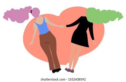 Girls holding hands on a background of hearts. Romantic walk. Valentine's Day Greeting Card. EPS10 vector illustration.