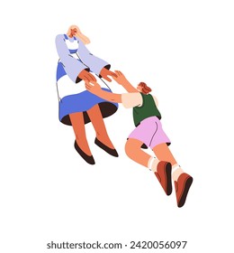 Girls holding hands. Smiling women couple look at each other with love. Female friends, girlfriends meeting. Happy relationship concept. Flat graphic vector illustration isolated on white background.