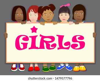 Girls are holding a horizontal banner. Template, flyer, place for text, copy space. Cartoon isolated on monochrome background.
