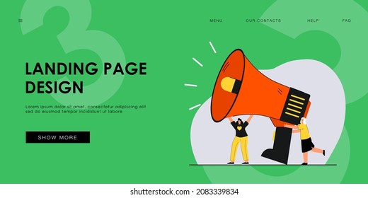 girls holding huge loudspeaker flat vector illustration. Announcement, protest, message, feedback concept for banner, website design or landing web page