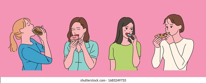 The girls are holding a pizza, donut, macaroon, and burger in their hands and biting. hand drawn style vector design illustrations. 