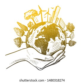 girls holding planet earth illustration on a white background