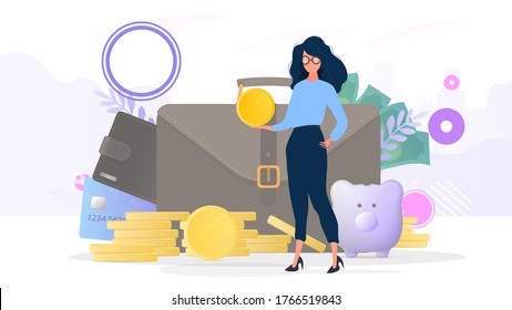 Girls holds a gold coin.
Mountain of coins, business briefcase, credit card, dollars. The concept of savings and accumulation of money. Suitable for presentations and business articles.