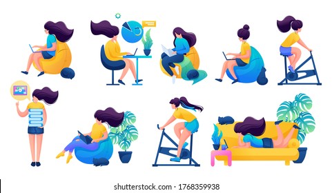 Girls at home are engaged in sports, training, work, freelancing