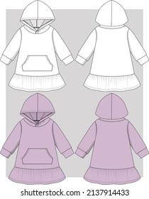 Girls hooded dress with kangaroo pocket flat sketch