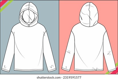 GIRLS HOODED LONG FULL SLEEVE FLAT SKETCH FASHION TEMPLATE TECHNICAL ILLUSTRATION