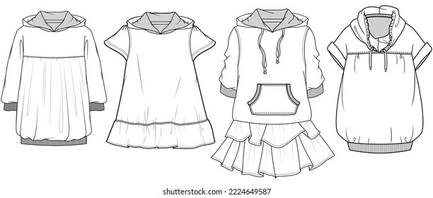 Girls Hoodie Dresses Sets Fashion Illustration, Vector, CAD, Technical Drawing, Flat Drawing, Template, Mockup	