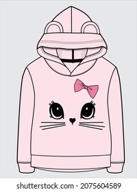 GIRLS HOODIES WITH CUTE CAT PRINT AND BOW INEDITABLE VETOR FILE