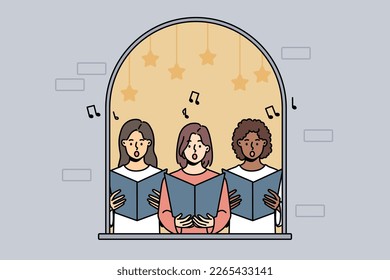 Girls in house window singing together. Female singers sing in choir, engaged in musical group activity. Vector illustration. 