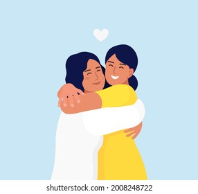 A Girls Hugging Each Other With A Smiling Face. Happy Meeting Of Two Friends. Friendship, Care And Love Concept. Vector Illustration