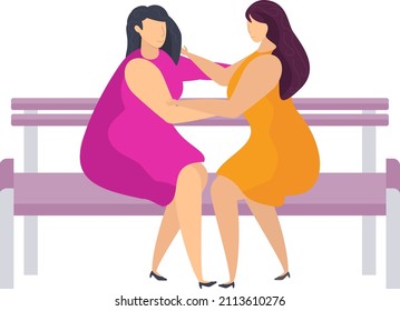 Girls hugging while sitting on a bench. Lesbian couple. Girls in love. Flat vector illustration.