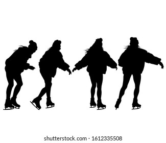 Girls and ice skate. Isolated silhouettes of people on a white background