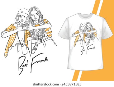 Girls illustration with best friends forever slogan. Vector graphic design t-shirt. Cute Smart girls vector. Cute Smiley girls enjoying moment vector line art design. Friendship day special.