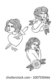 girls illustration traditional tattoo flash