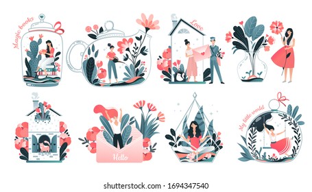 Girls inner world concept, introvert personality comfort, cozy home and imagination set, vector illustration. Tiny woman cartoon character in glass jar teapot surrounded by flowers. Inner world symbol