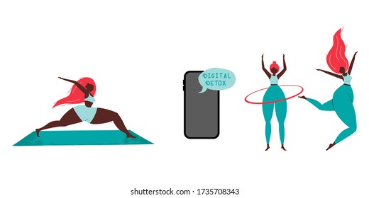 Girls involved in sports. Seth. A break from social networking. Healthy lifestyle. Illustration of people. Vector illustration. Digital detox