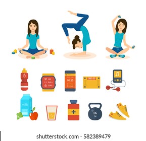 Girls involved in sports and yoga, taking different positions, adhering to a healthy lifestyle and diet, taking vitamins, drinks, making sure health. Vector illustration isolated on white background.