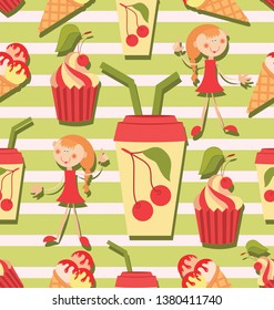 Girls, juice and ice cream and cake. Seamless pattern for baby textiles. Background image for the menu of restaurants and cafes, shops, design of textile and packaging materials.