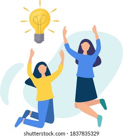 Girls are jumping with happiness. The bulb that shines. Vector illustration with the concept of business idea. Teamwork. Creative and analytical thinking.