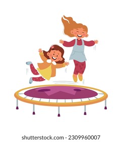 Girls Jumping On Trampoline Vector Illustration