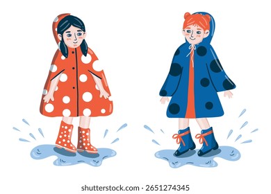 Girls jumping in puddles, rainy day, child-friendly illustration in a playful style. Happy children children equipped with rainwear (raincoats and boots) are joyfully walking in rainy weather