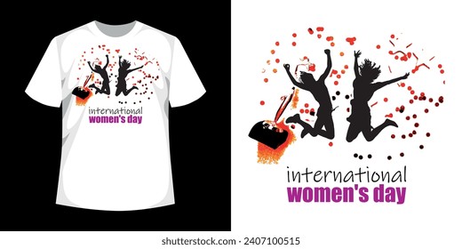 Girls Jumping Shapes with International Women's day typography abstract t-shirt design illustration