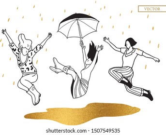 The girls are jumping through the puddles. Modern fashion vector illustration with gold elements.