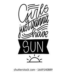 Girls just wanna have sun summer quote vector design for a t-shirt iron on or print. Script line lettering saying with a flag banner and summertime simple clipart: waves, wind and sun abstract objects