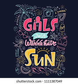 Girls just want have sun. Summer graphic lettering quote for t-shirt, bag, textile, fabric, postcard, social media content. Creative calligraphy phrase with sunglasses, palm, sun.Dark black background