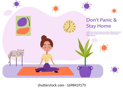 Girls is keeping calm and doing yoga near cat and plant on yoga carpet. Woman is staying at home on quarantine. Cartoon vector illustration for web designers.