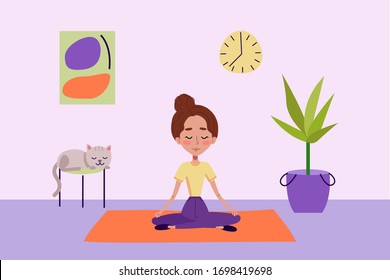 Girls is keeping calm and doing yoga near cat and plant on yoga carpet. Woman is meditating and taking care for herself. Cartoon vector illustration on pink background.
