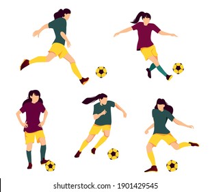 Chicas pateando el balón mientras juegan fútbol, se ponen. Ilustraciones vectoriales planas de niñas jugando fútbol o fútbol aisladas en un fondo blanco.
