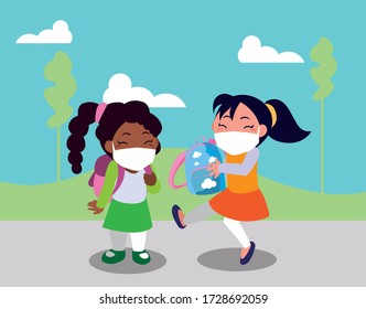 Girls kids cartoons with masks and school bags at park design of Covid 19 virus theme Vector illustration