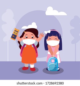 Girls kids cartoons with masks school bags and colors at park design of Covid 19 virus theme Vector illustration