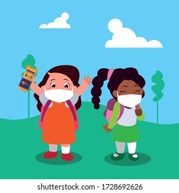 Girls kids cartoons with masks school bags and colors at park design of Covid 19 virus theme Vector illustration