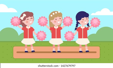 Girls kids cheerleaders holding pompons and dancing on meadow. Happy cheer team support performance during sport game competition. Children cartoon characters. Flat vector isolated illustration 