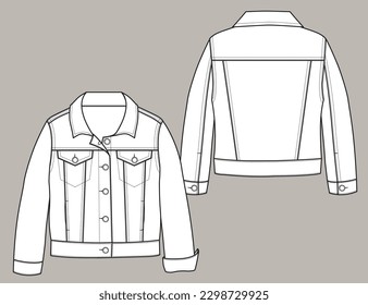 Girls Kids Denim Jacket Fashion Technical Flat Sketch Mock Up CAd