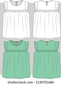 Girls kids dress with ruffles flat sketch