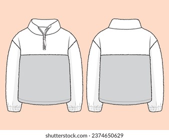 Girls Kids Fashion Pullover Sherpa Fleece Fashion Flat Sketch Mockup Cad Design