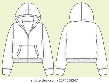 Girls Kids Fashion Technical Flat Sketch Hoodie with Pocket Mockup Cad Design