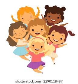 Girls kids group. Happy childs girl studio, diverse kindergarten female children cartoon vector illustration for birthday collage