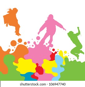 Girls, kids jumping vector silhouette set background