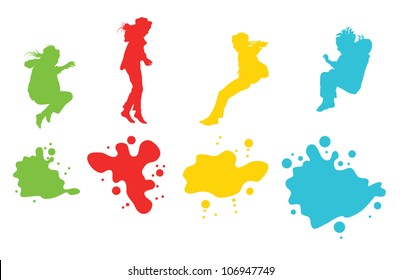 Girls, kids jumping vector silhouette set background