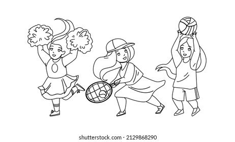 Girls Kids Playing Sport Game And Dancing Black Line Pencil Drawing Vector. Little Schoolgirls Play Tennis And Volleyball Game, Cheerleader Supporting Team And Dance. Characters Sportive Activity