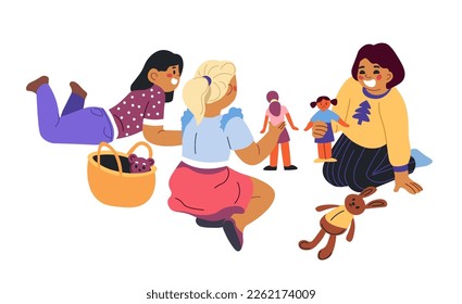 Girls kids playing with toys, isolated children with dolls and plush bear and rabbit. playground or home pastime, communication and leisure for preschoolers. Vector in flat style illustration