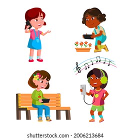 Girls Kids Using Smartphone Gadget Set Vector. Preteen Ladies Use Smartphone For Communication And Make Photography On Camera, Listening Music And Watching Video. Characters Flat Cartoon Illustrations