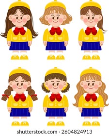 Girls in kindergarten uniforms. Kindergarten children in hats and uniforms with ribbons.