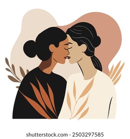 Girls Kissing, Romantic and Intimate Moment - Flat Vector Illustration